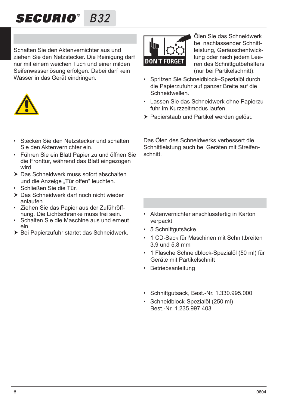 7 lieferumfang, 6 reinigung und wartung | HSM Securio B32 User Manual | Page 6 / 67