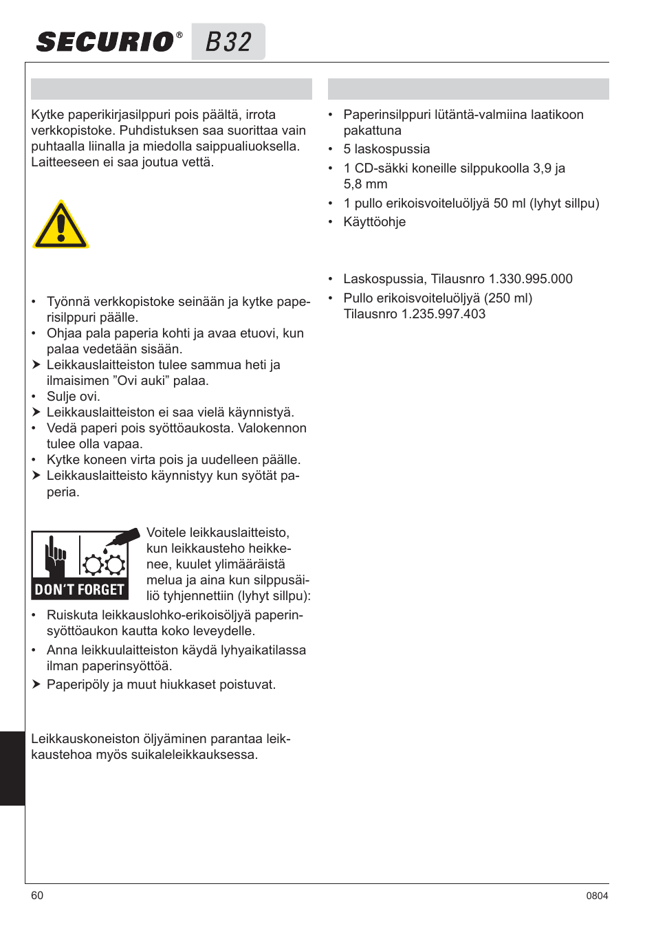 6 puhdistus ja huolto, 7 toimituksen sisältö | HSM Securio B32 User Manual | Page 60 / 67