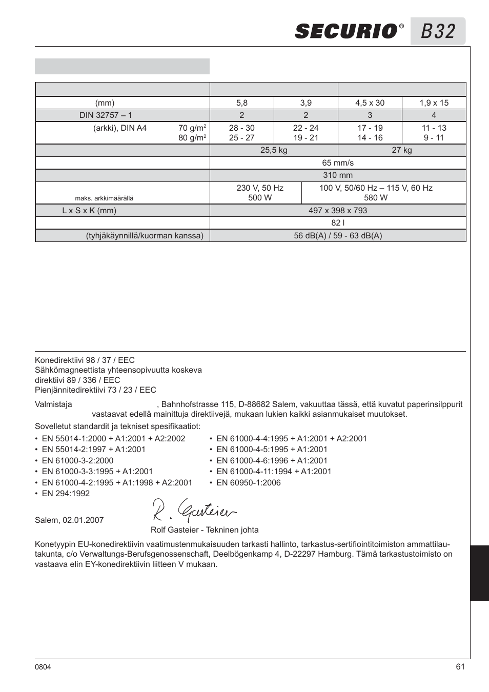 8 tekniset tiedot, Eu vaatimustenmukaisuusvakuutus | HSM Securio B32 User Manual | Page 61 / 67