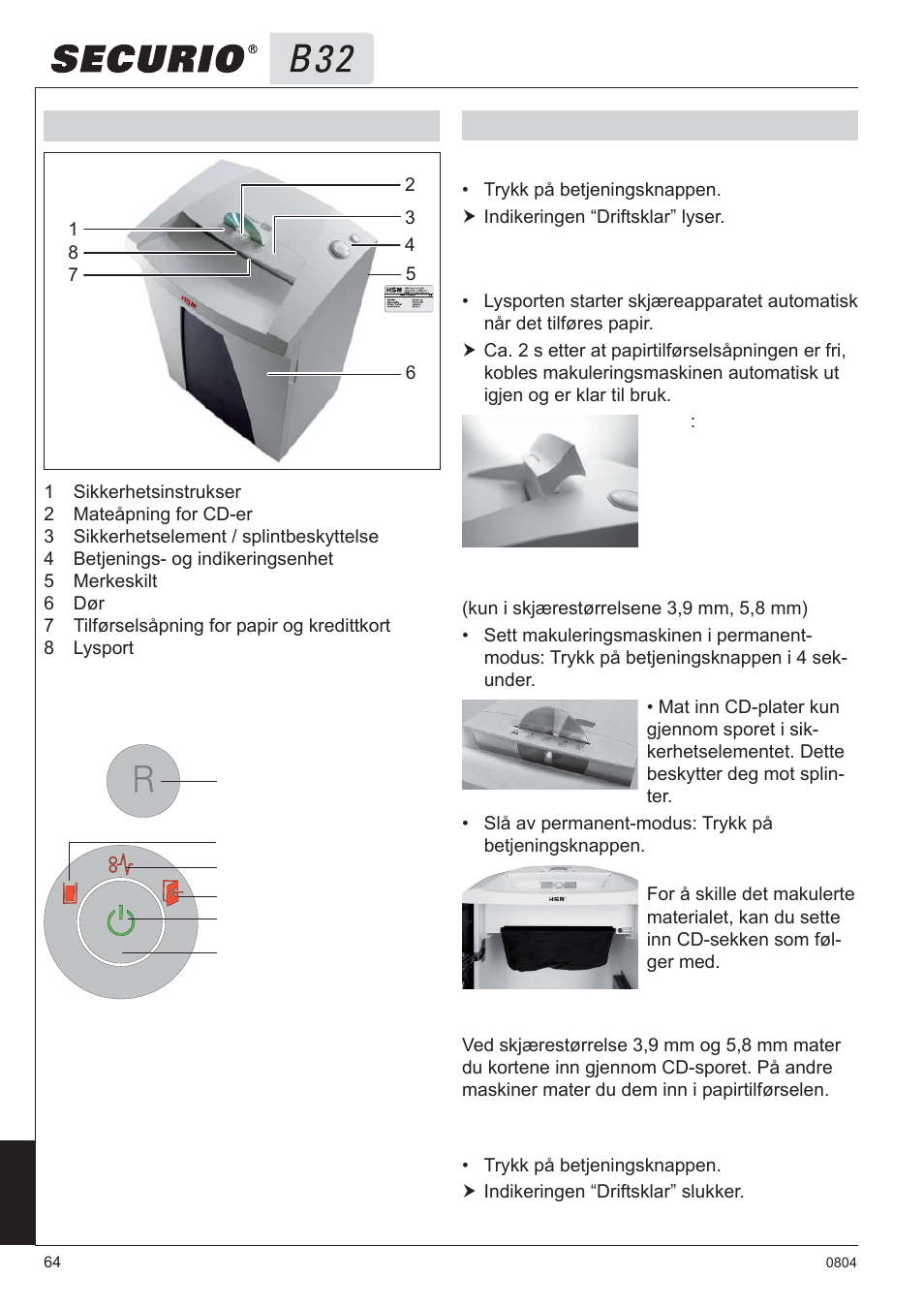 3 oversikt, 4 betjening betjenings- og indikeringsele- menter | HSM Securio B32 User Manual | Page 64 / 67