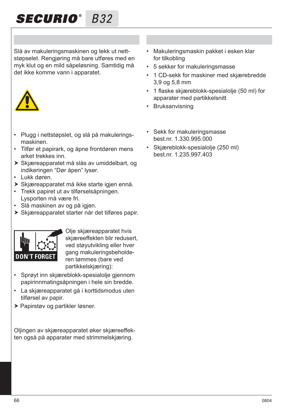 6 renhold og stell, 7 leveringsomfang | HSM Securio B32 User Manual | Page 66 / 67
