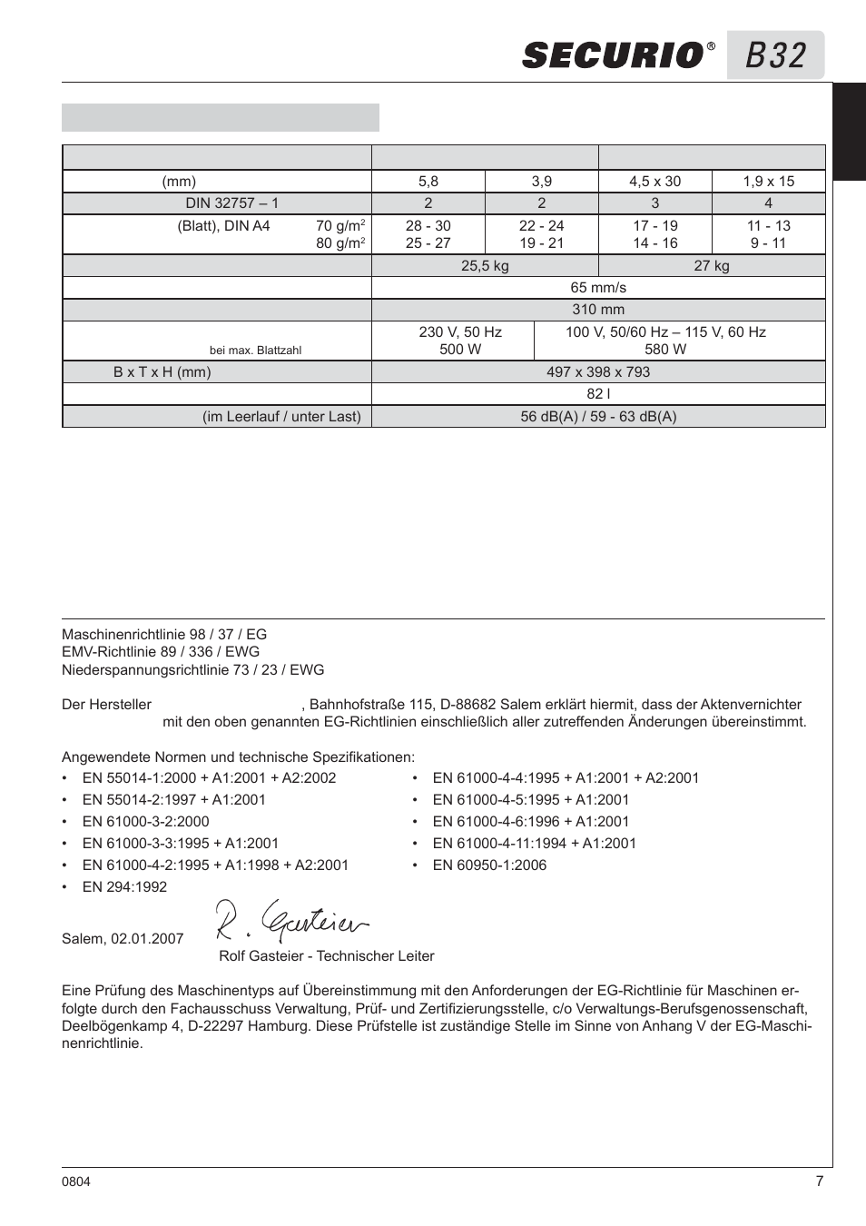 8 technische daten, Eg-konformitätserklärung | HSM Securio B32 User Manual | Page 7 / 67