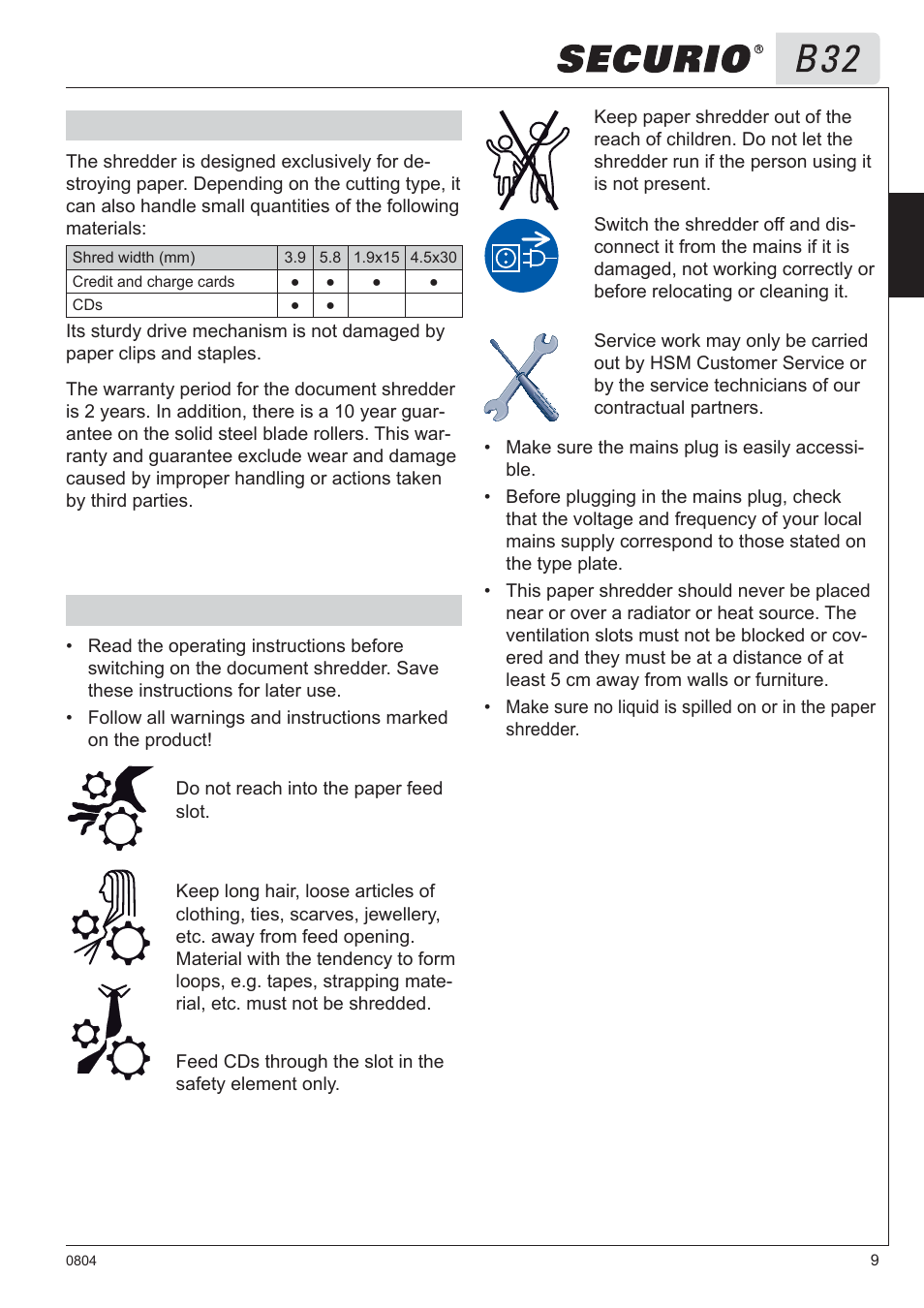 1 proper use, warranty 2 safety instructions | HSM Securio B32 User Manual | Page 9 / 67