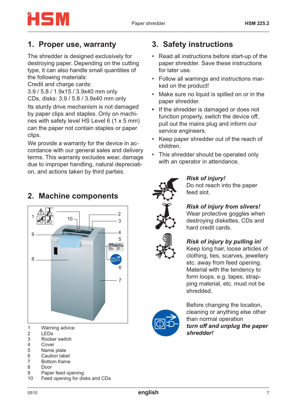 Safety instructions, Proper use, warranty, Machine components | HSM 225.2 User Manual | Page 3 / 6