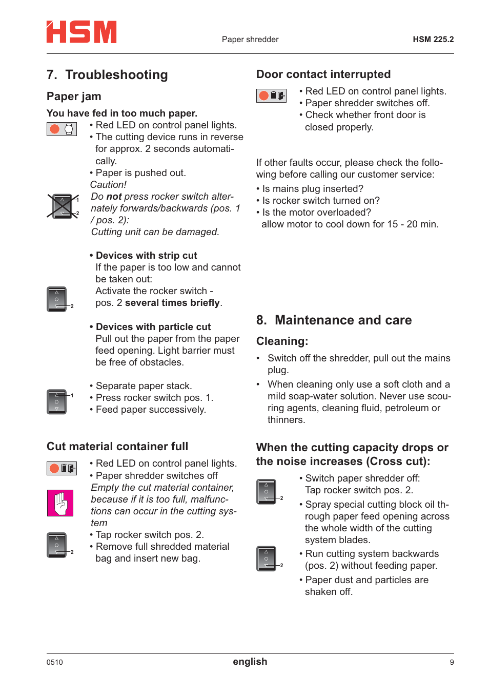 Maintenance and care, Troubleshooting, Cleaning | Pa per jam, Cut material container full, Door contact interrupted | HSM 225.2 User Manual | Page 5 / 6