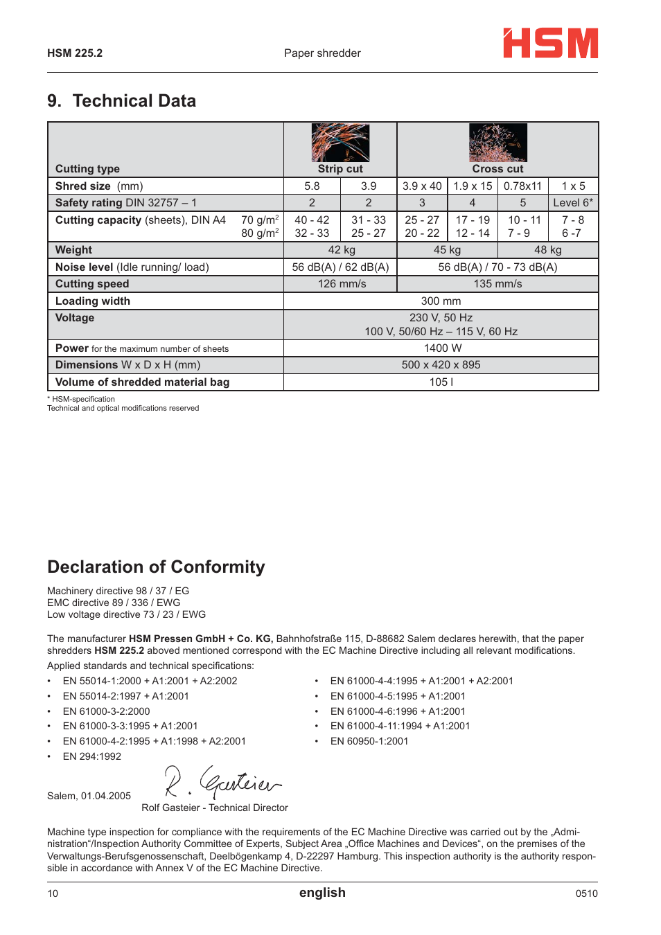 Declaration of conformity, Technical data, English | HSM 225.2 User Manual | Page 6 / 6