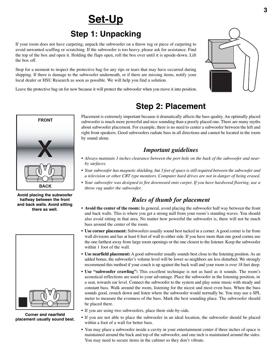 Set-up, Step 1: unpacking, Step 2: placement | Important guidelines, Rules of thumb for placement | Hsu Research VTF-2 User Manual | Page 3 / 12