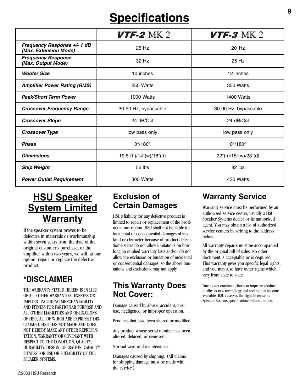 Specifications, Hsu speaker system limited warranty, Mk 2 | Disclaimer, Exclusion of certain damages, This warranty does not cover, Warranty service | Hsu Research VTF-2 User Manual | Page 9 / 12
