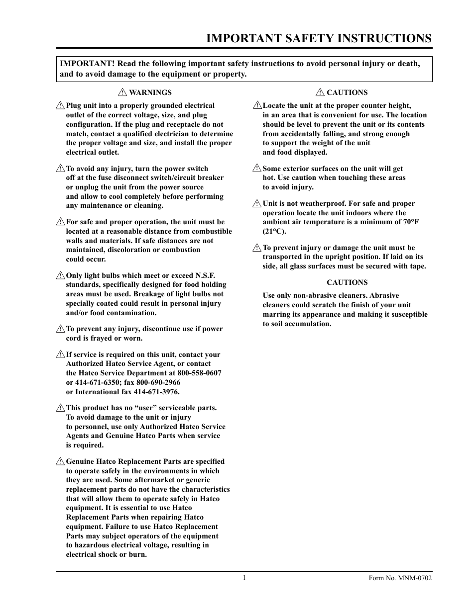 Important safety instructions | Hatco FST-1-MN User Manual | Page 3 / 12