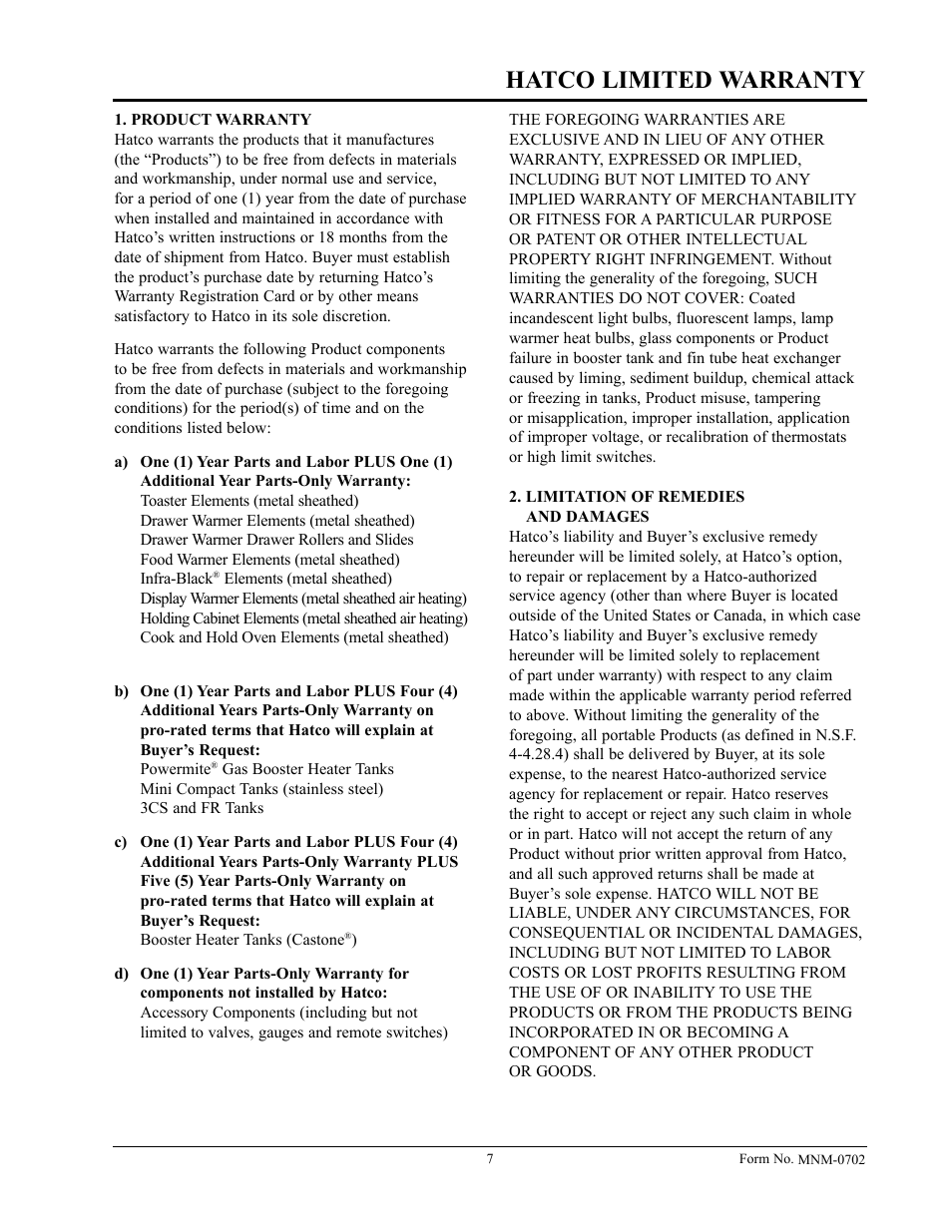 Hatco limited warranty | Hatco FST-1-MN User Manual | Page 9 / 12