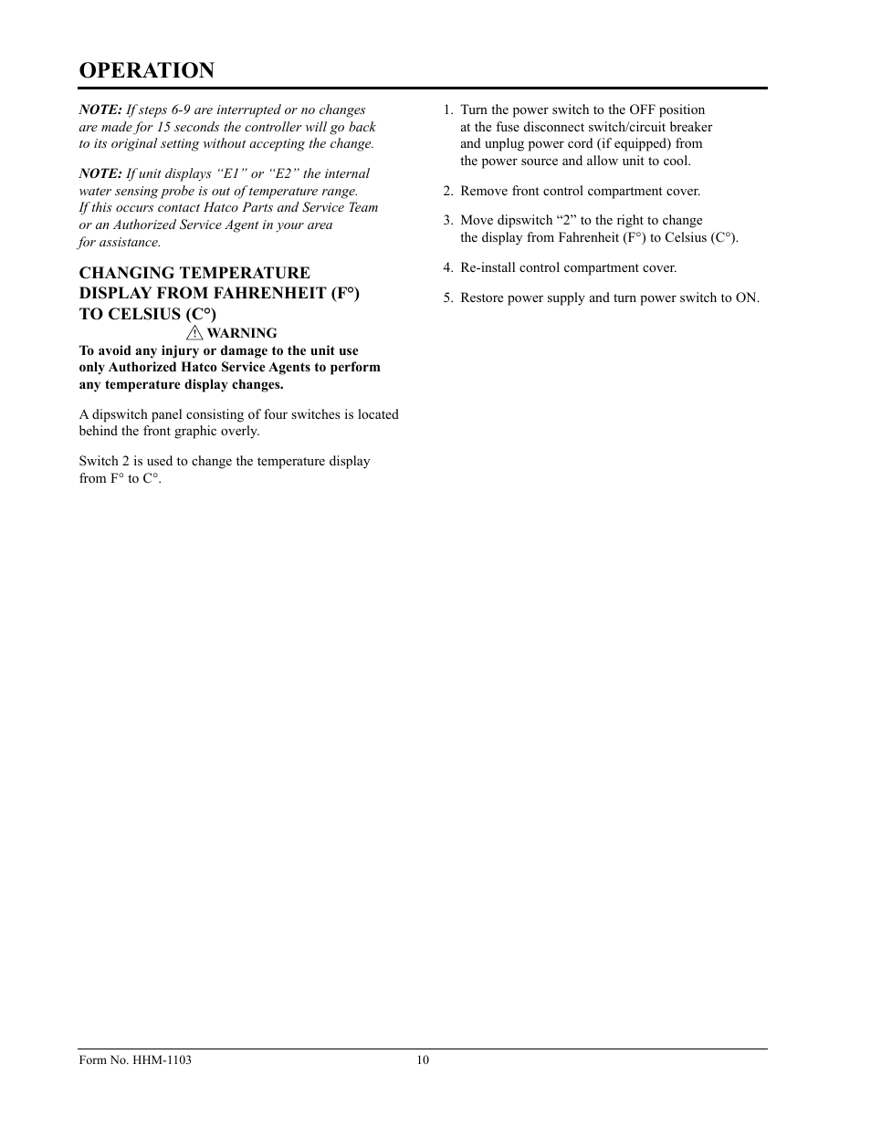 Operation | Hatco Sanitizing Sink Heaters Food Rethermalizers/Bain-Marie Heaters Hatco 3CS2 User Manual | Page 12 / 20