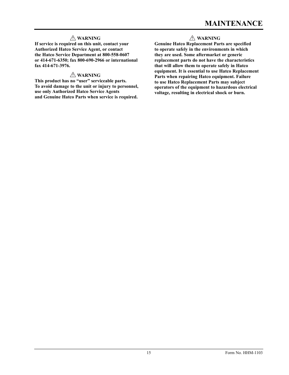 Maintenance | Hatco Sanitizing Sink Heaters Food Rethermalizers/Bain-Marie Heaters Hatco 3CS2 User Manual | Page 17 / 20