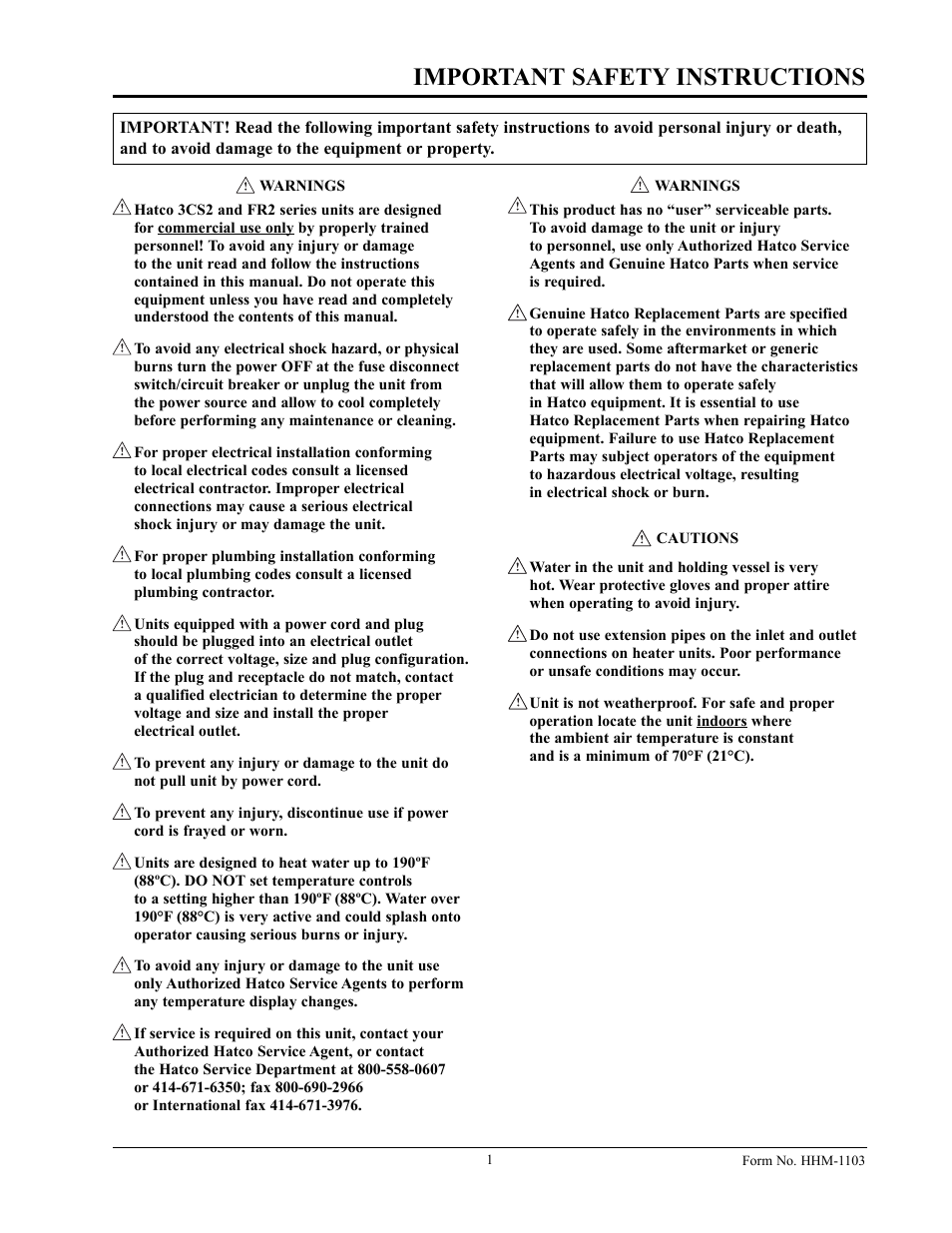 Important safety instructions | Hatco Sanitizing Sink Heaters Food Rethermalizers/Bain-Marie Heaters Hatco 3CS2 User Manual | Page 3 / 20