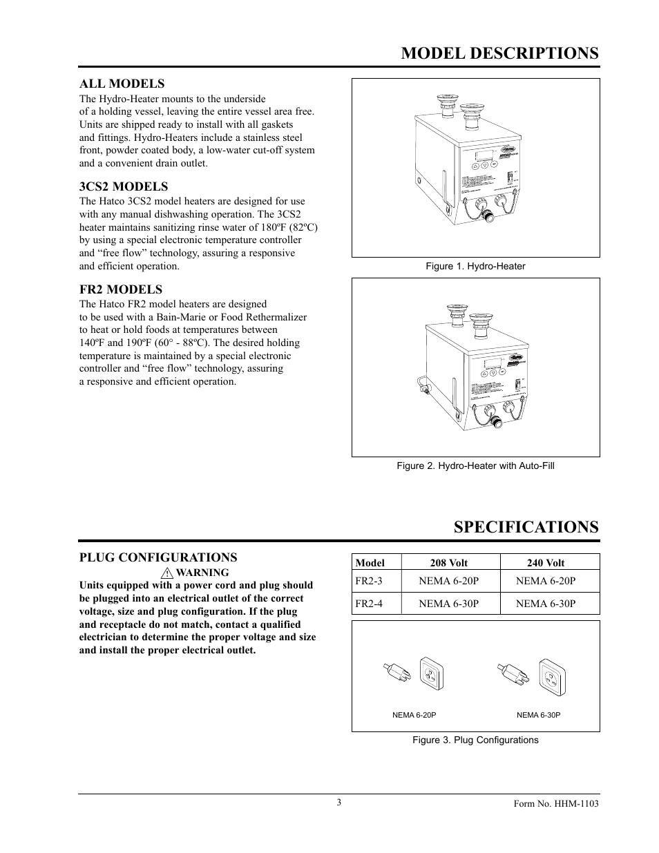 Specifications model descriptions | Hatco Sanitizing Sink Heaters Food Rethermalizers/Bain-Marie Heaters Hatco 3CS2 User Manual | Page 5 / 20