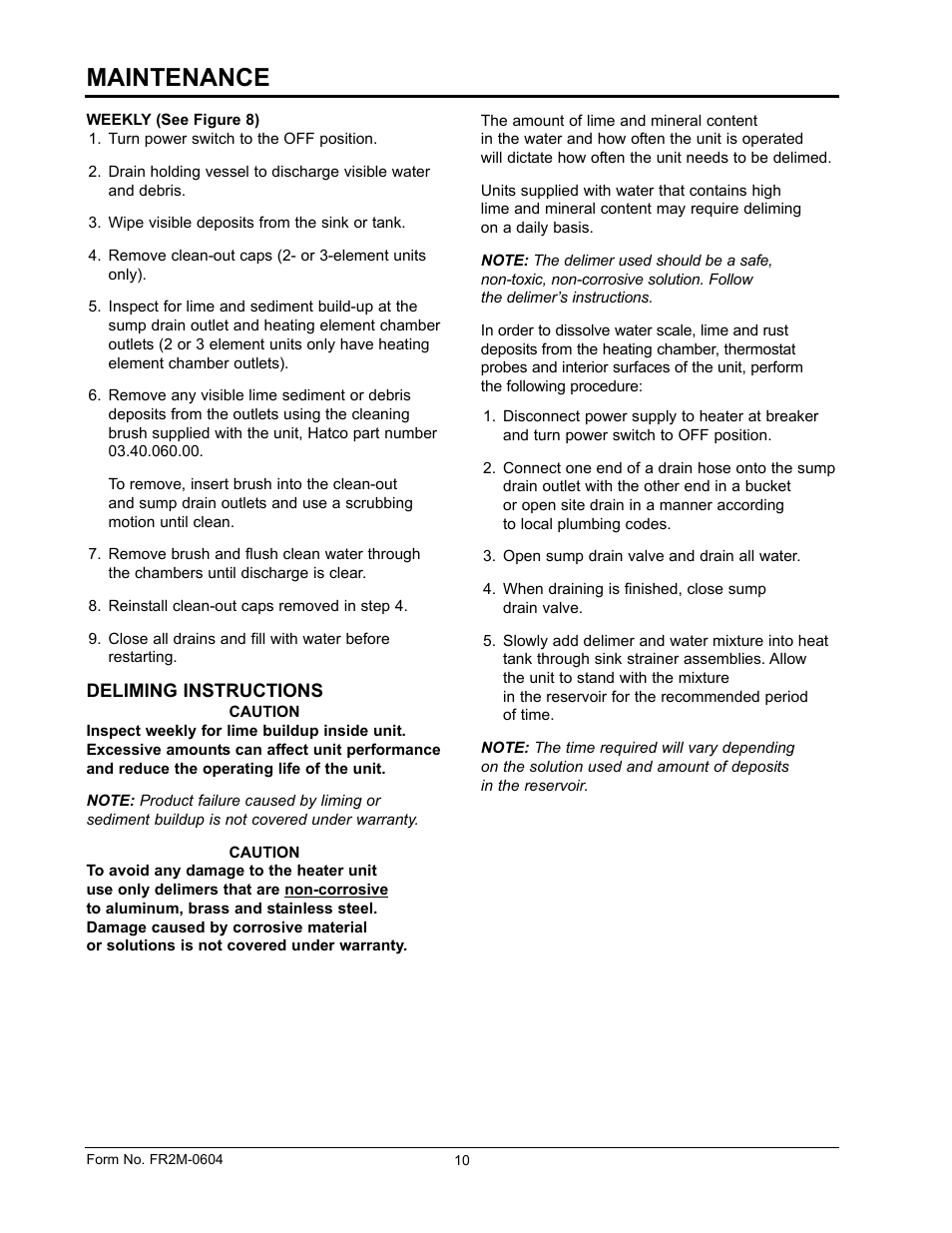 Maintenance | Hatco FR2 Series User Manual | Page 12 / 16