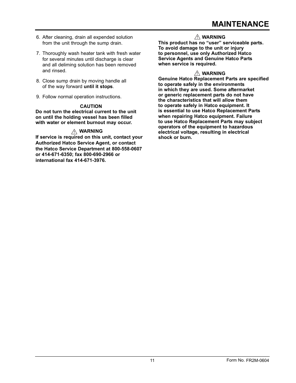Maintenance | Hatco FR2 Series User Manual | Page 13 / 16