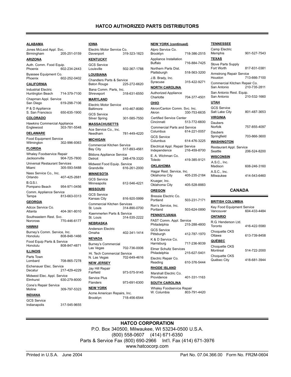 Printed in u.s.a. june 2004, Canada | Hatco FR2 Series User Manual | Page 16 / 16