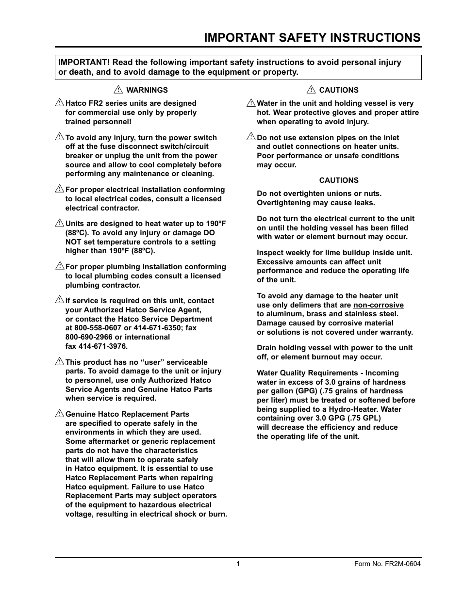 Important safety instructions | Hatco FR2 Series User Manual | Page 3 / 16