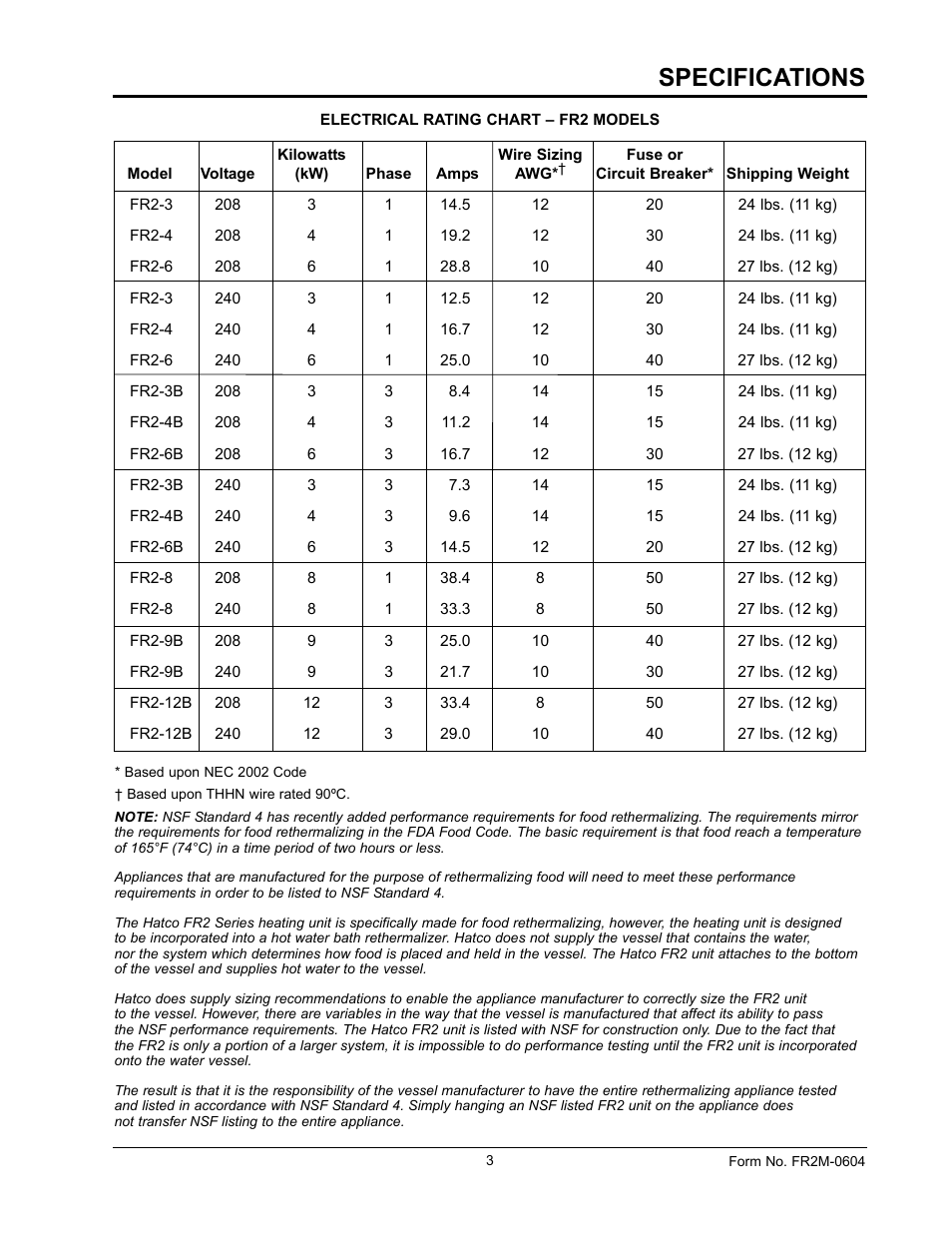 Specifications | Hatco FR2 Series User Manual | Page 5 / 16