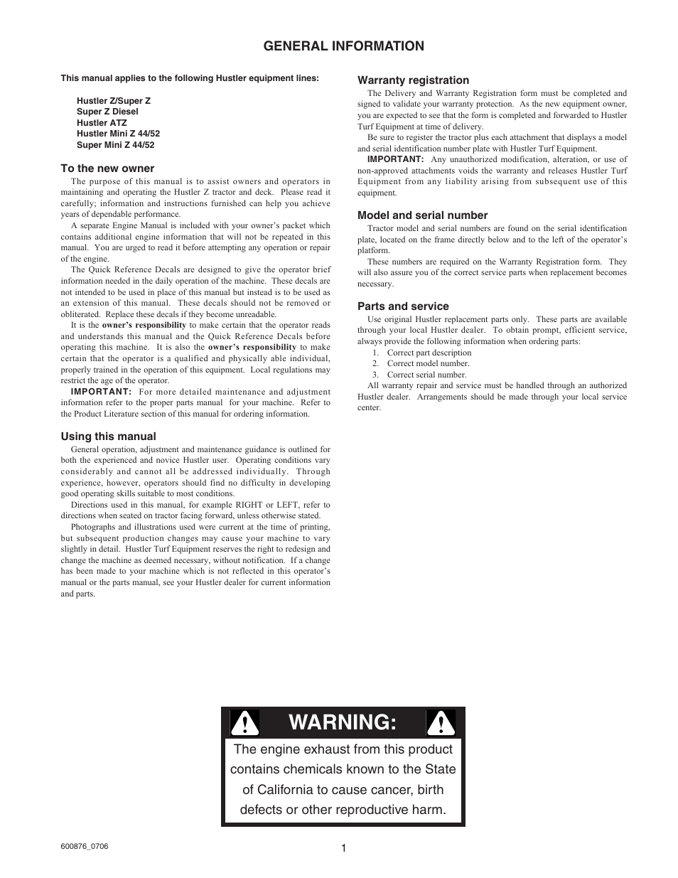 Warning, General information | Hustler Turf Super Mini Z 52 User Manual | Page 2 / 37