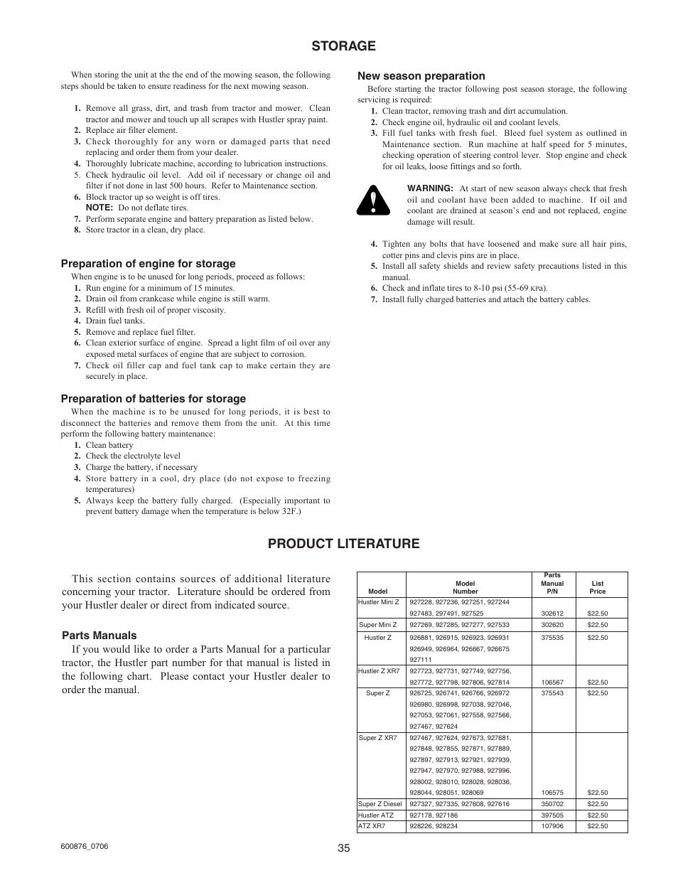 Product literature, Storage, Preparation of engine for storage | Preparation of batteries for storage, New season preparation | Hustler Turf Super Mini Z 52 User Manual | Page 36 / 37
