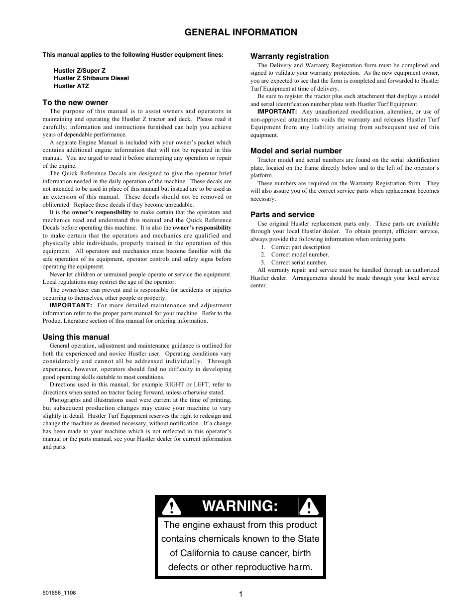 Warning, General information | Hustler Turf 927558 User Manual | Page 2 / 45