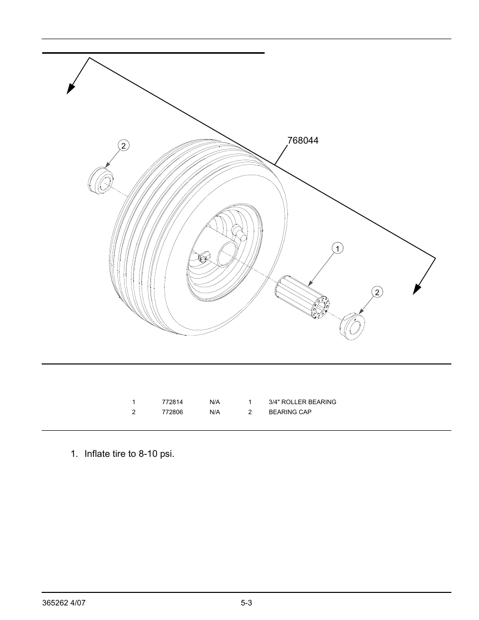 Front wheel breakdown-768044, Front wheel breakdown—768044 -3, Inflate tire to 8-10 psi | Hustler Turf Lawn Mower User Manual | Page 49 / 99
