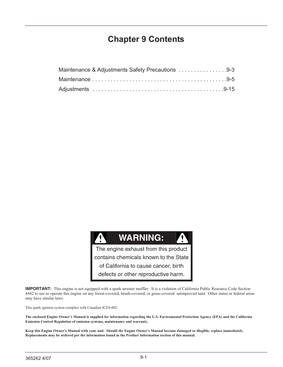 Chapter 9 contents, Warning | Hustler Turf Lawn Mower User Manual | Page 77 / 99