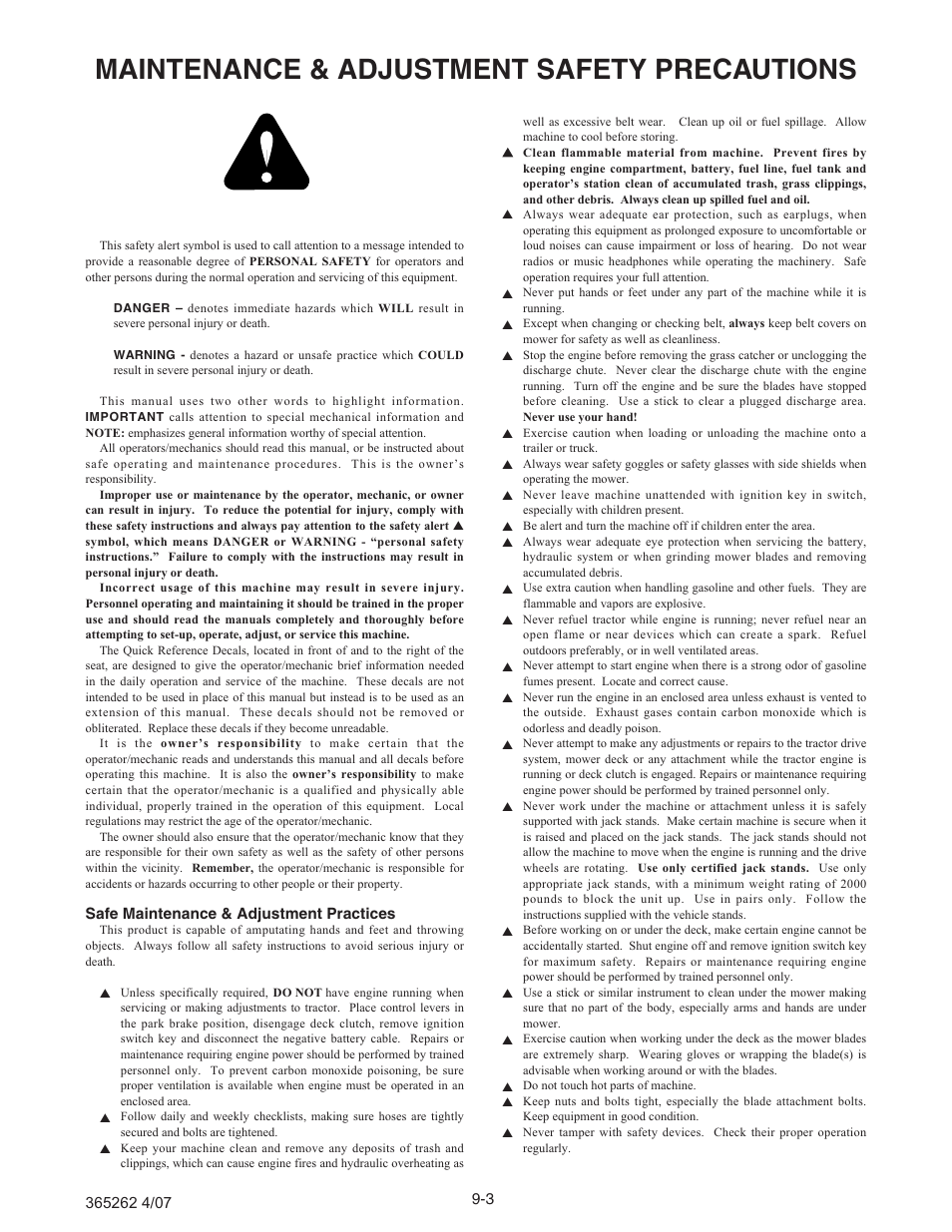 Maintenance & adjustment safety precautions | Hustler Turf Lawn Mower User Manual | Page 79 / 99