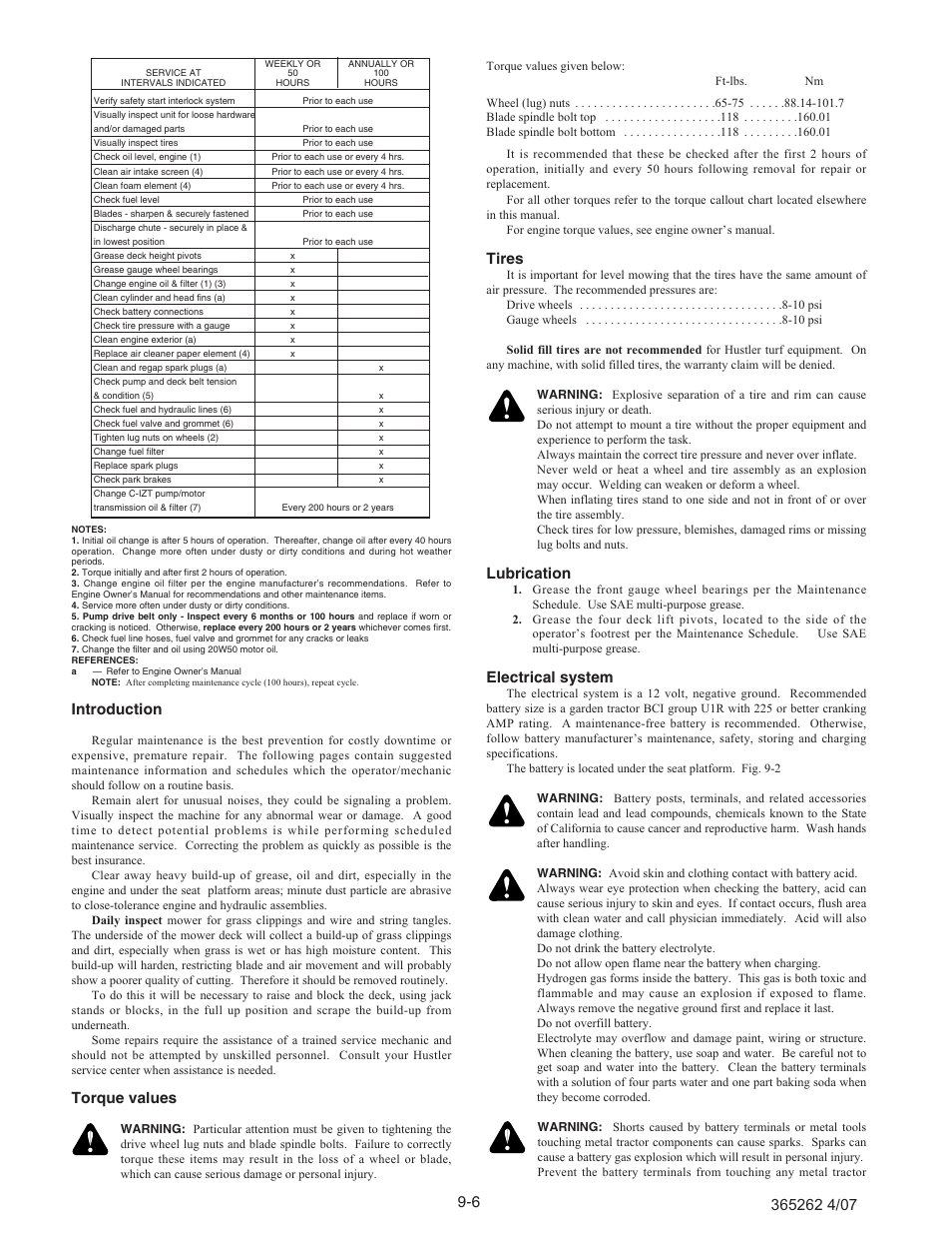 Introduction, Torque values, Tires | Lubrication, Electrical system | Hustler Turf Lawn Mower User Manual | Page 82 / 99