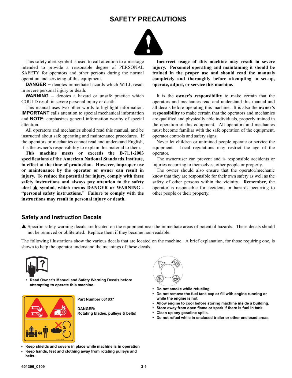 Safety precautions, Safety and instruction decals | Hustler Turf 36 User Manual | Page 6 / 33