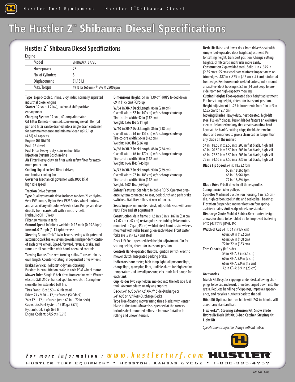 Hustler z, Shibaura diesel specifications | Hustler Turf Z Diesel User Manual | Page 2 / 2