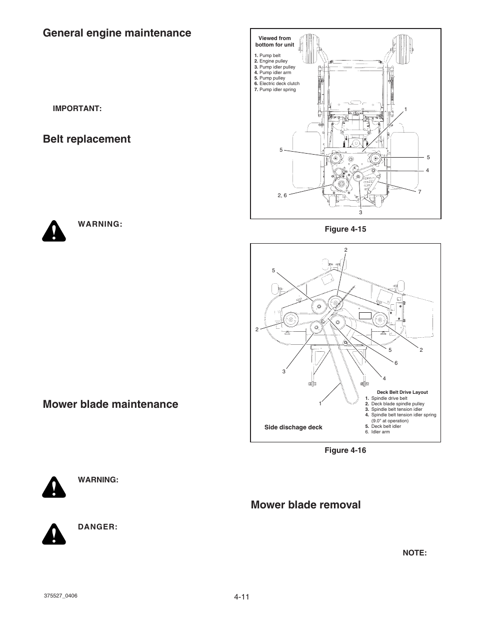 General engine maintenance, Belt replacement, Mower blade maintenance | Mower blade removal | Hustler Turf Hustler Z User Manual | Page 31 / 53