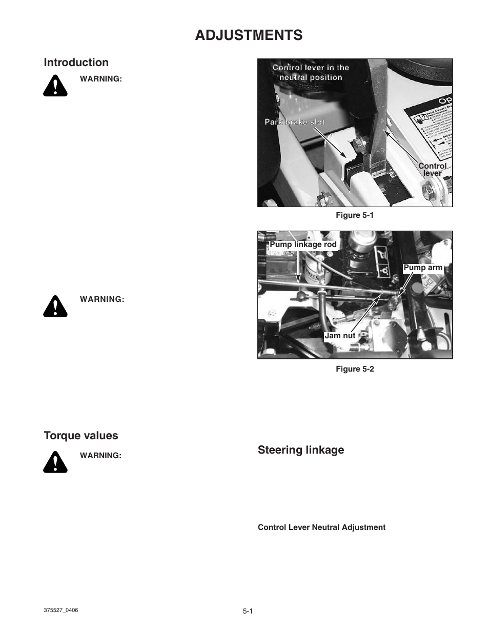 Adjustments, Introduction, Torque values | Steering linkage | Hustler Turf Hustler Z User Manual | Page 35 / 53