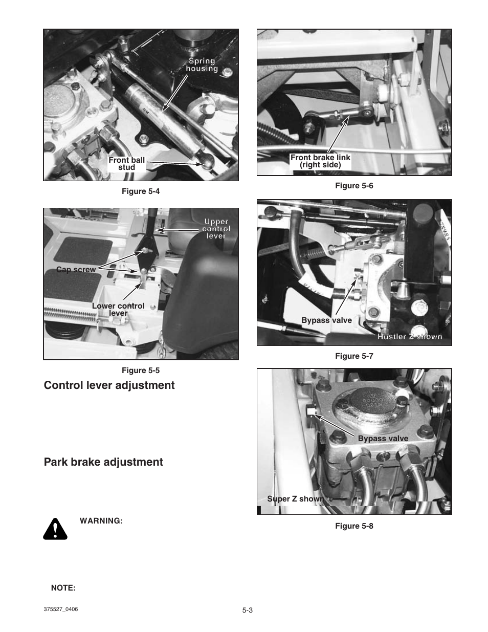Control lever adjustment, Park brake adjustment | Hustler Turf Hustler Z User Manual | Page 37 / 53