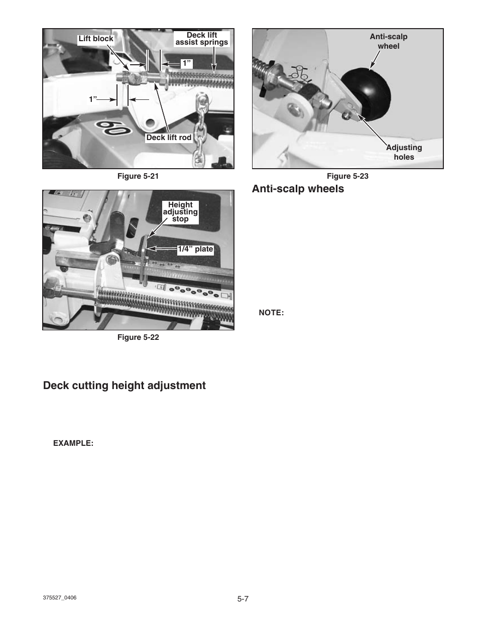 Deck cutting height adjustment, Anti-scalp wheels | Hustler Turf Hustler Z User Manual | Page 41 / 53
