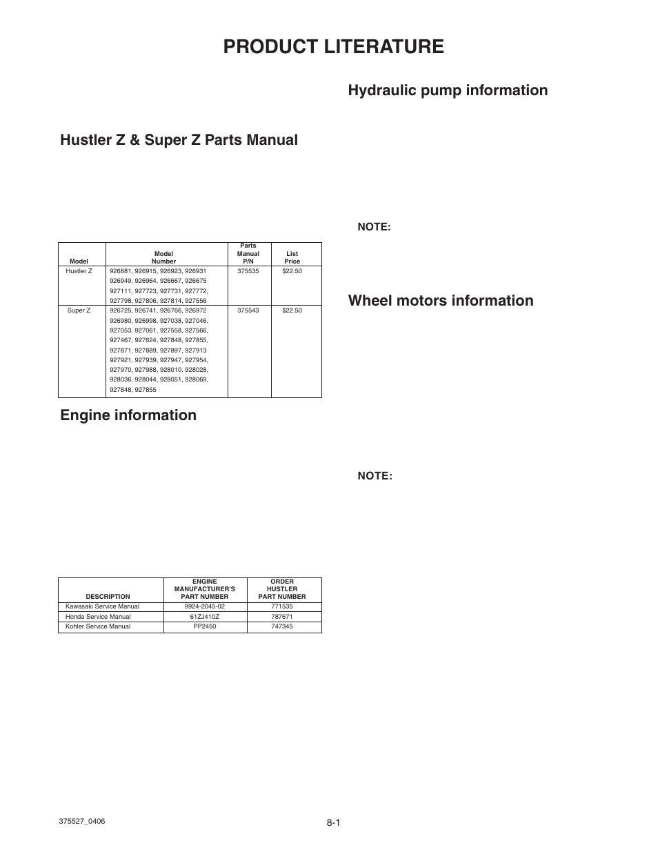 Product literature, Hustler z & super z parts manual, Engine information | Hydraulic pump information, Wheel motors information | Hustler Turf Hustler Z User Manual | Page 47 / 53