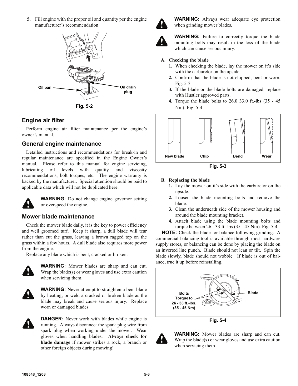 Engine air filter, General engine maintenance, Mower blade maintenance | Hustler Turf M-1 User Manual | Page 22 / 51