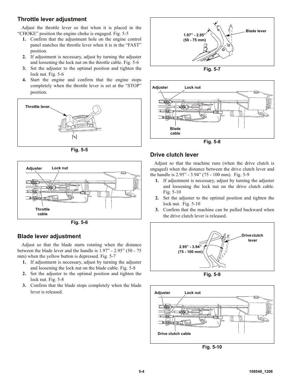 Throttle lever adjustment, Blade lever adjustment, Drive clutch lever | Hustler Turf M-1 User Manual | Page 23 / 51