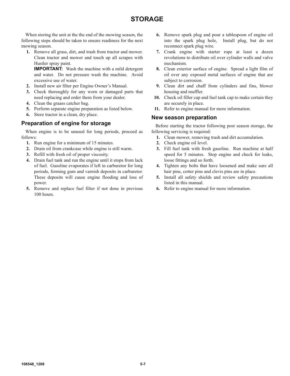 Storage | Hustler Turf M-1 User Manual | Page 26 / 51