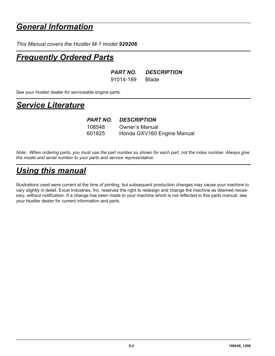 General information, Frequently ordered parts, Service literature | Using this manual | Hustler Turf M-1 User Manual | Page 28 / 51