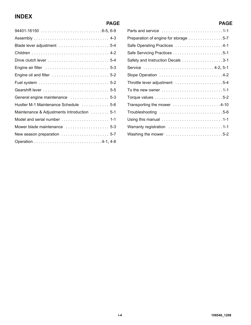 Index | Hustler Turf M-1 User Manual | Page 50 / 51