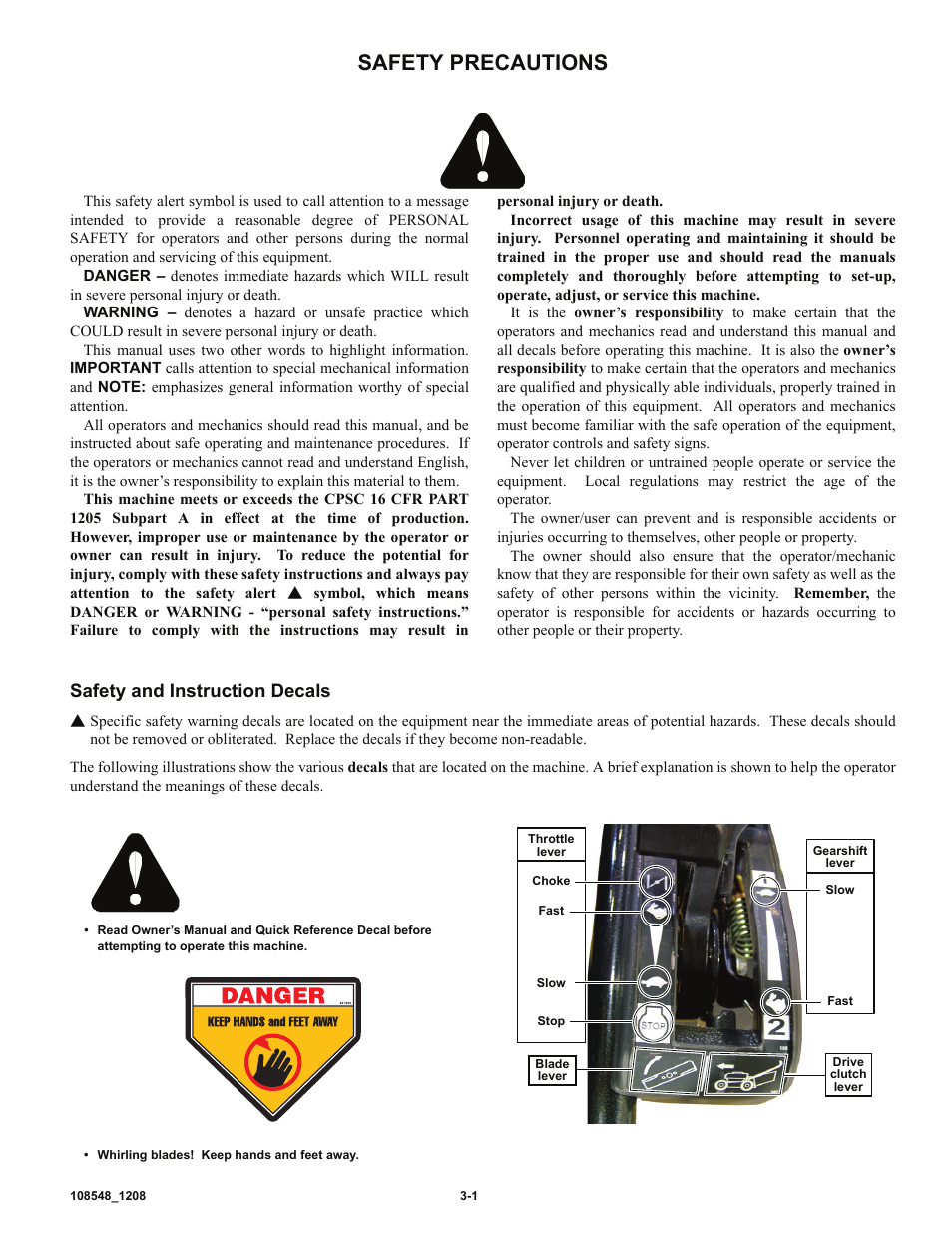 Safety precautions, Safety and instruction decals | Hustler Turf M-1 User Manual | Page 6 / 51