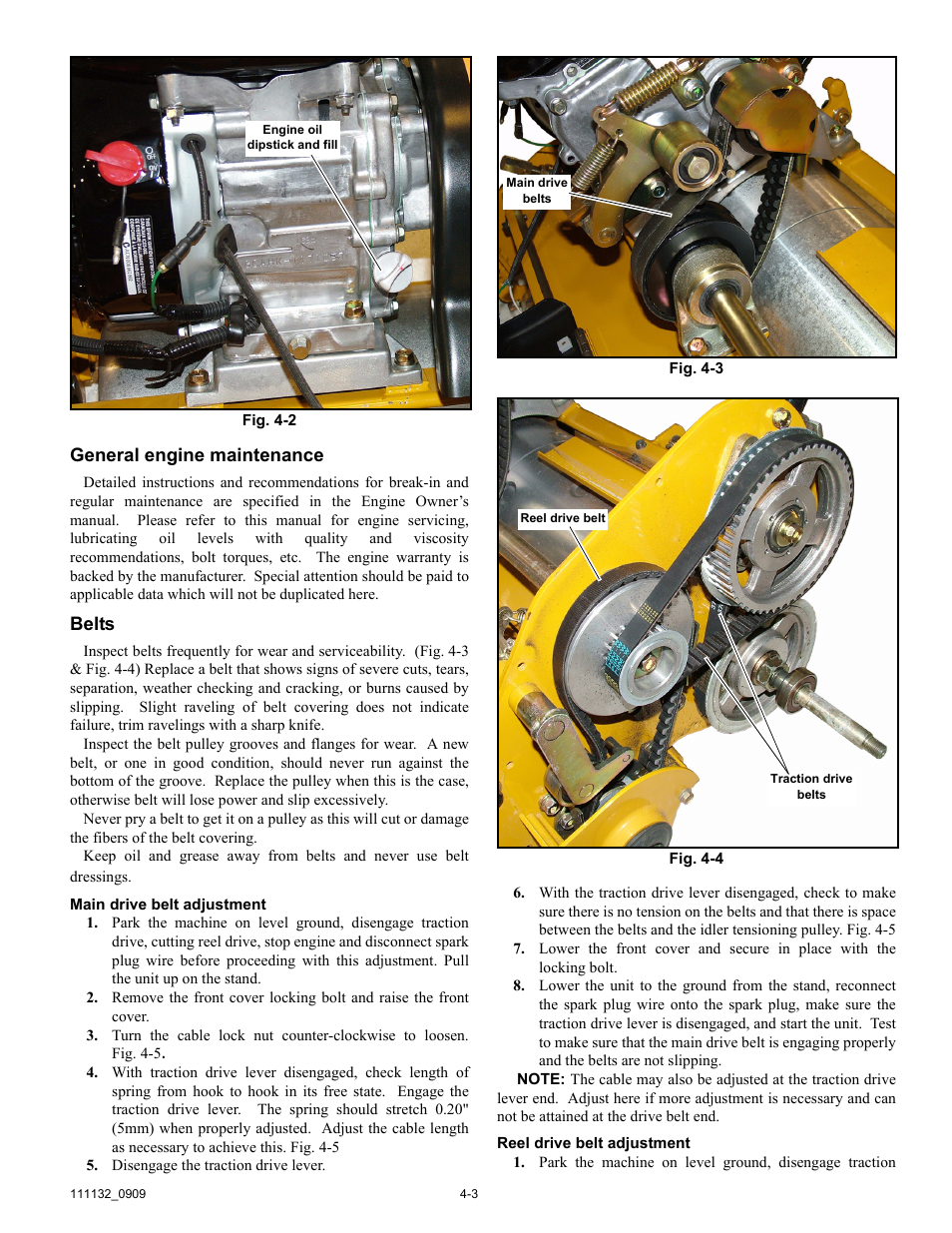 Main drive belt adjustment, Reel drive belt adjustment, General engine maintenance | Belts | Hustler Turf 50 User Manual | Page 21 / 35