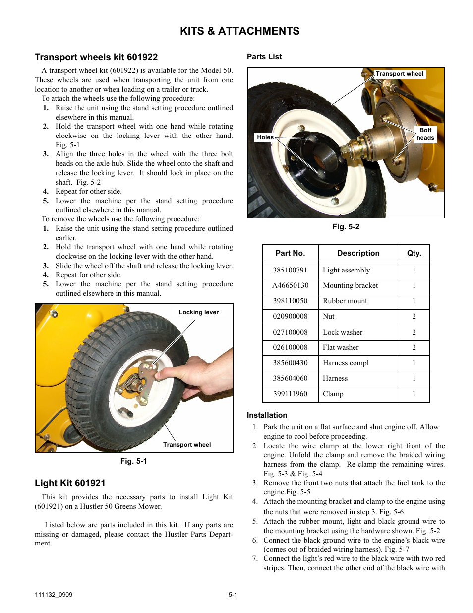 Kits & attachments, Parts list, Installation | Hustler Turf 50 User Manual | Page 29 / 35