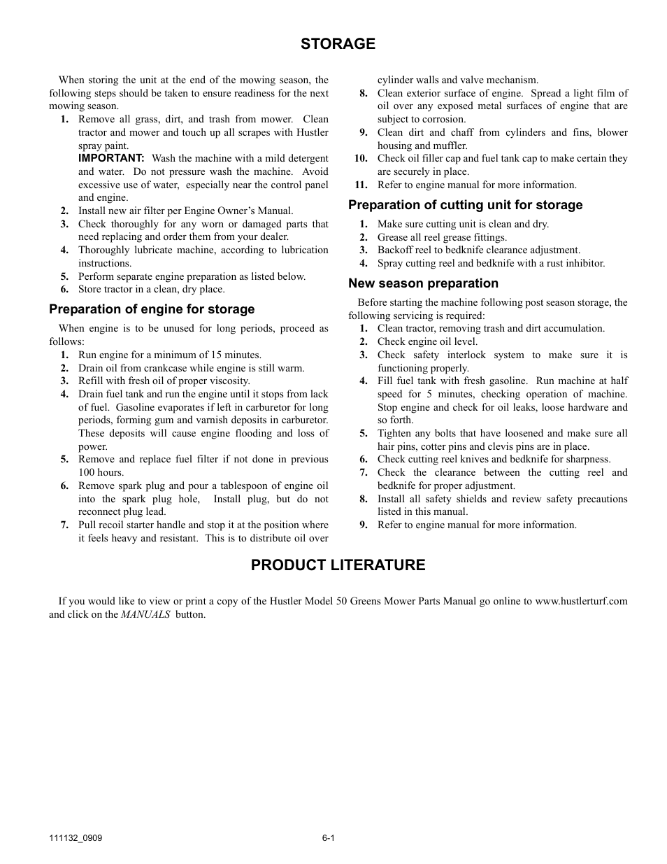 Storage, Product literature | Hustler Turf 50 User Manual | Page 31 / 35