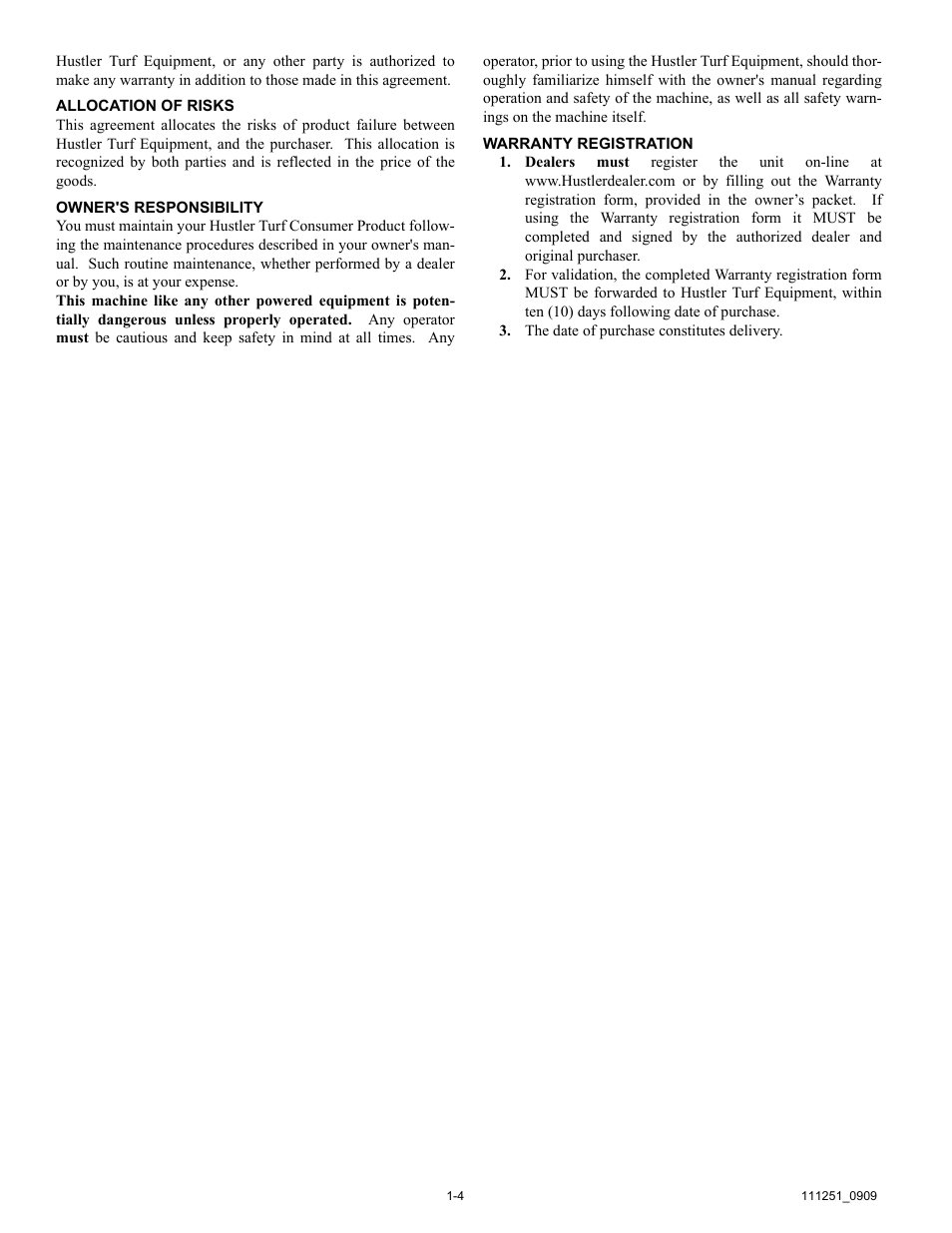 Allocation of risks, Owner's responsibility, Warranty registration | Hustler Turf 50 User Manual | Page 6 / 35