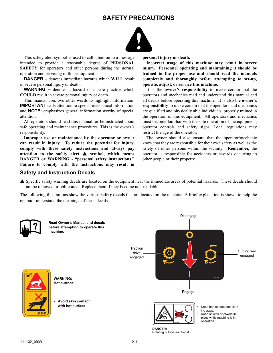 Safety precautions, Safety and instruction decals | Hustler Turf 50 User Manual | Page 7 / 35