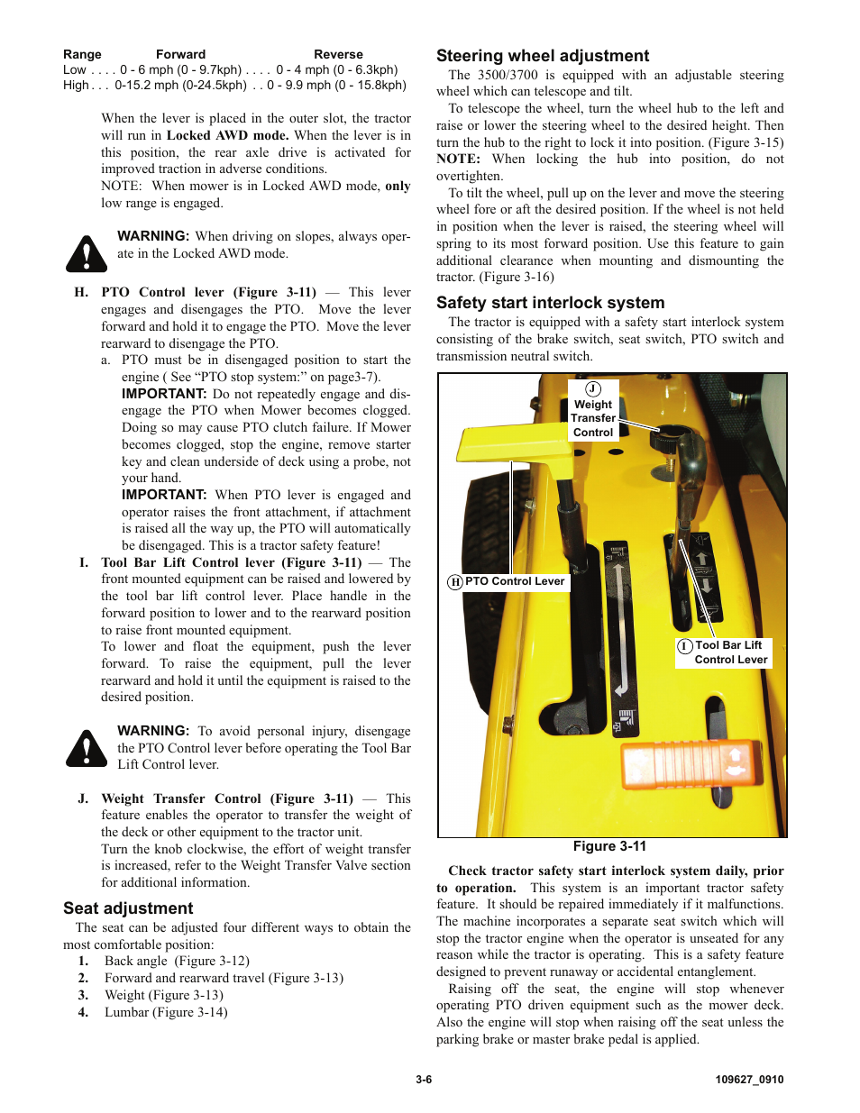 Seat adjustment, Steering wheel adjustment, Safety start interlock system | Hustler Turf 3500 User Manual | Page 20 / 52