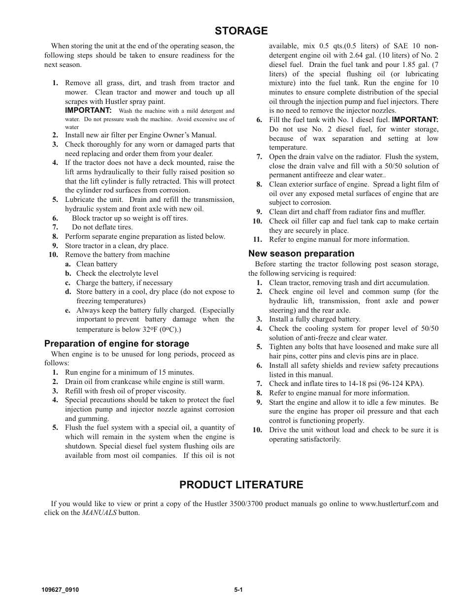Storage, Product literature | Hustler Turf 3500 User Manual | Page 49 / 52